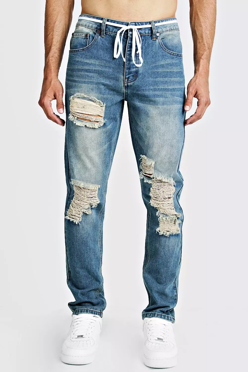 Slim Fit Distressed Jean With Shoelace Belt | boohooMAN USA